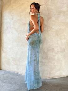 Aloruh 女士新款扎染印花雪纺波西米亚美人鱼下摆罩衫裙，优雅性感露背深垂领长裙，非常适合女士夏季海滩度假露背长裙镂空长裙海洋裙罩衫泳装泳衣罩衫女式泳衣罩衫，乡村音乐会服装 - 彩色 - 查看 2