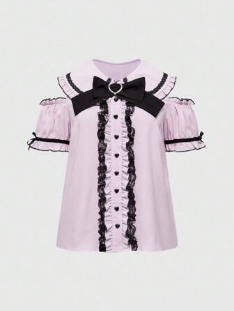 Kawaii Plus Size Women Ruffled Lace Trim Off Shoulder Short Sleeve Blouse