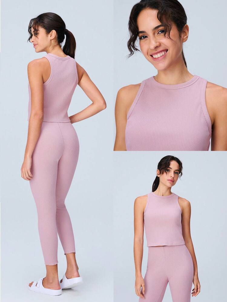 Women Pink Soft Ribbed Cotton Sets Basic Tank Top & Pants Loungewear Pajama Set