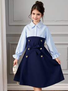 Tween Girls Elegant Striped Patchwork Long Sleeve Dress - Multicolor - View 1