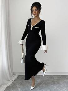 SHEIN Elenzya Women's V-Neck Ruffle Knit Bodycon Sweater Dress Fall Winter Cloth For Women - Black - View 3