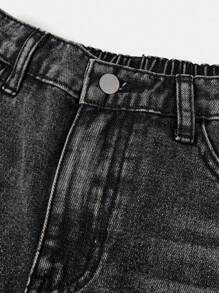 SHEIN Tween 女童口袋阔腿宽松休闲百搭牛仔短裤 - 灰色 - 查看 3