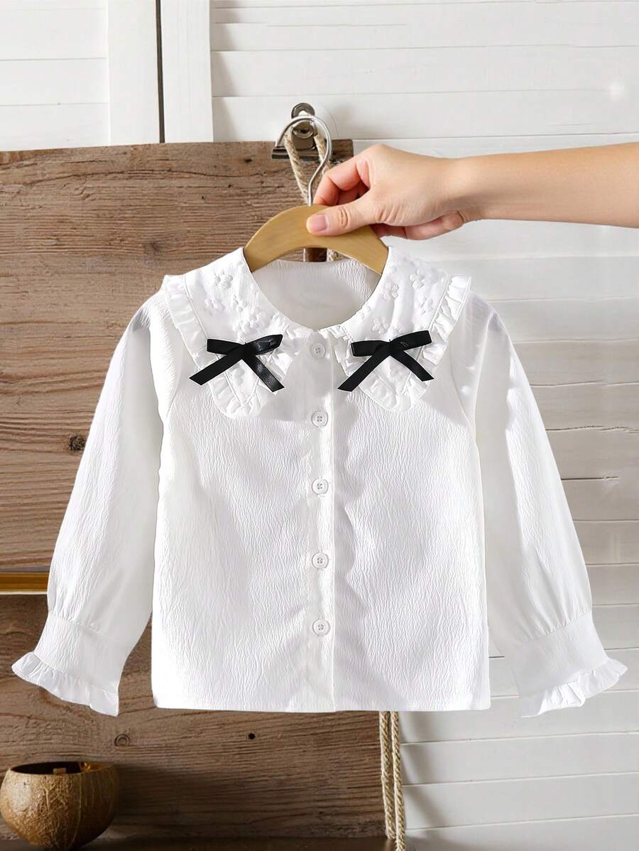 Genkimix Kids Girls' Casual Fashionable Daily Round Neck Embroidery Trim Collar French Shoulder Long Sleeve Fitted White Textured Fabric Versatile Blouse, Early Autumn & Spring Seasons Chic Outfits For Autumn/Winter - White - View 1
