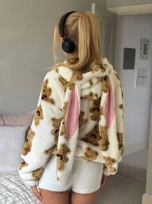 CovetEZ 熊图案毛绒兔耳女式连帽夹克 - 米色 - 查看 1