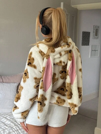 CovetEZ 熊图案毛绒兔耳女式连帽夹克