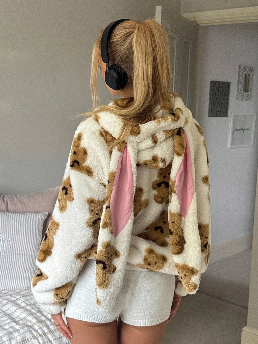 CovetEZ 熊图案毛绒兔耳女式连帽夹克 - 米色 - 查看 1