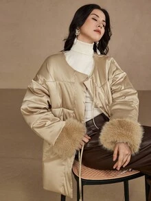 DAZY 新款中国风复古拼布蓬松袖口宽松加厚棉服女秋冬外套 - 香檳色 - 查看 4