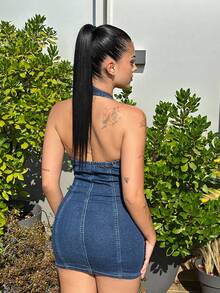 Lucia Bellido Zip Up Bodycon Denim Dress