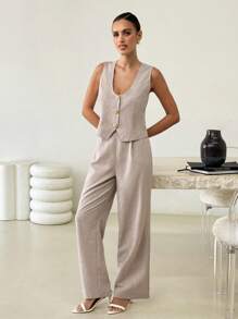 Lavishia 杏色罗纹针织低弹力U领修身腰背心外套+修身裤（带口袋）女款两件套，适合日常通勤和分层穿着 - 杏色 - 查看 7