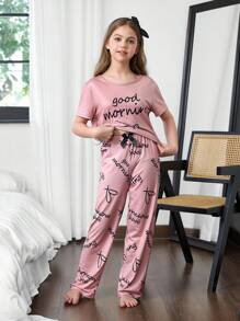 SHEIN 女童爱心字母印花休闲短袖睡衣套装 - 珊瑚橙 - 查看 4