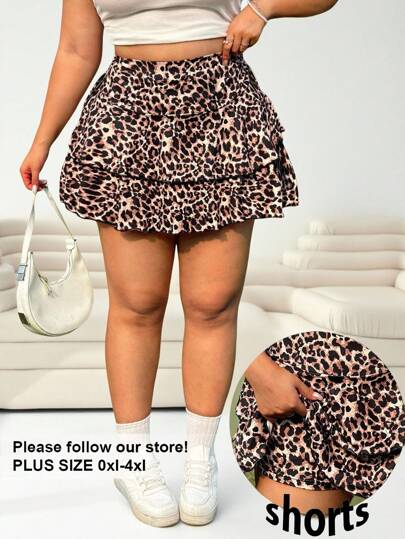 Solflare Plus Size Women's Leopard Print Multi-Layer Casual Skirt