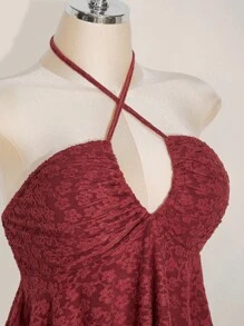SHEIN ICON Áo dệt kim cổ yếm màu đỏ tía dành cho nữ cỡ lớn, có bèo nhún ở gấu áo, thích hợp mặc thường ngày. - Màu Đỏ Sâu - Xem 8