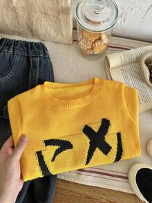 SHEIN 儿童男童休闲日常百搭舒适圆领套头针织毛衣，适合上学、花园、海滩、生日、春季、夏季、秋季、冬季 - 黃色 - 查看 5