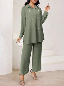 Veilorie 2件套女式纯色长袖串珠衬衫和裤子套装