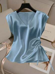 GlowEve Women's Elegant Elegant Simple Solid Color V-Neck Batwing Sleeve Drawstring Ruched Satin Blouse, Summer - Blue - View 3