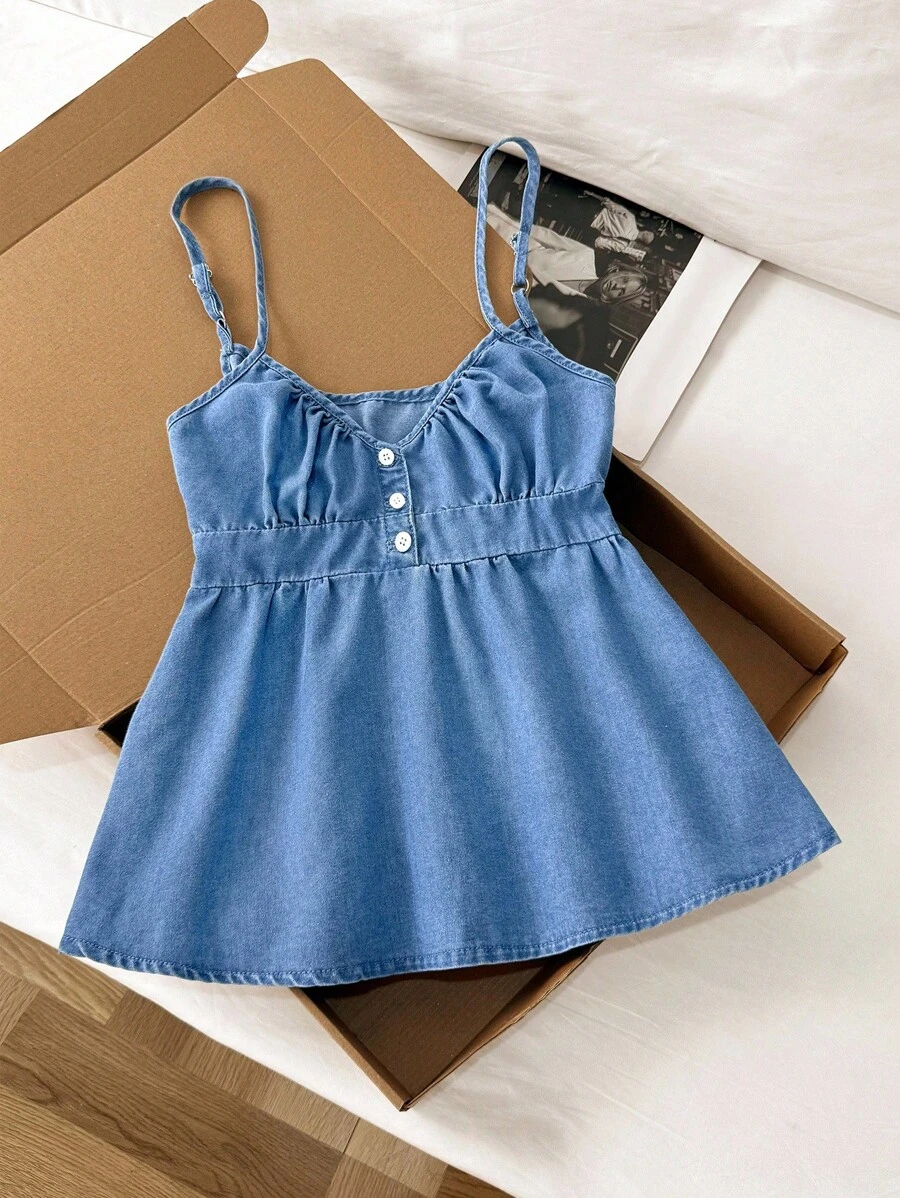 Comfortcana Women's Summer Button Design Ruffle Hem Denim Camisole,Back To School,Cute Tops,Going Out Tops Women,Off The Shoulder Top,Y2k Tops,Streetwear Tops,Casual Tops For Woman,Brunch Outfits For Women,Funny Shirts,Cute Tops Women,Going Out Top,Kawaii Top