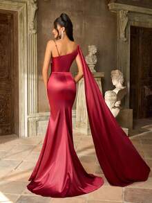 Aureia 优雅奢华的无袖甜心领口褶饰紧身胸衣，荷叶边下摆美人鱼正式晚礼服，适合宴会、庆典、商务活动、婚礼和其他正式场合 - 酒紅色 - 查看 7