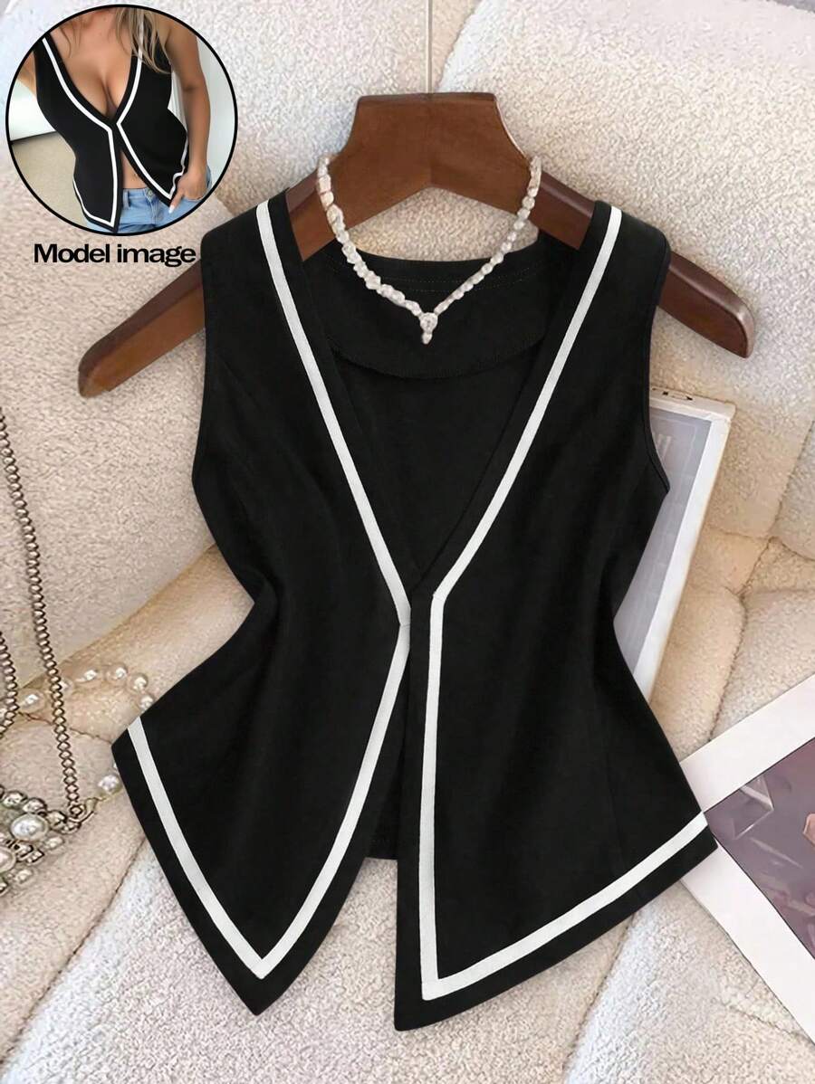 SHEIN Clasi Plus Size Women Casual Simple Contrast Color Design Thin Jacket Winter Fall Autumn - Black - View 1