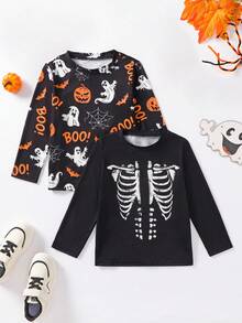 小男孩万圣节印花长袖T恤，休闲款 - 黑色 - 查看 1