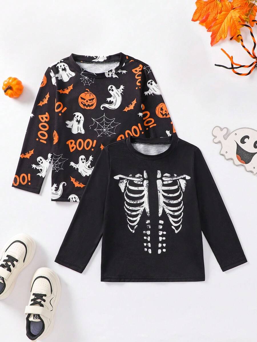小男孩万圣节印花长袖T恤，休闲款 - 黑色 - 查看 1