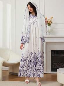 Al Najma 女士优雅花卉印花长裙 - 紫色 - 查看 2