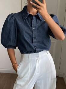 Livesso 女式夏季翻领泡泡袖收腰牛仔衬衫