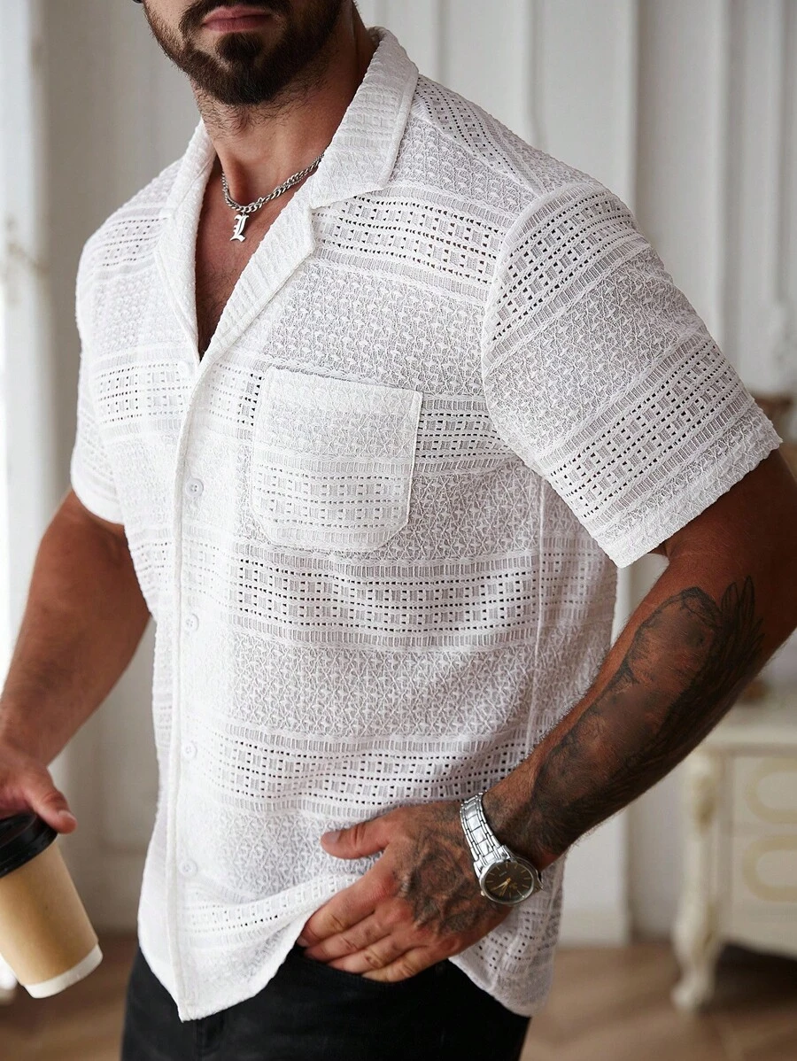 Manfinity Homme 男士白色衬衫，夏季纯色针织提花休闲度假短袖衬衫，白色蕾丝，传统款式亚麻混纺衬衫 - 米色 - 查看 1