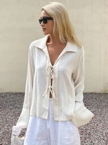 DAZY Jaqueta leve feminina de cor sólida, casual, com gola virada para baixo, manga comprida e amarração - Damasco - Ver 6