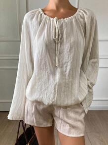 Livesso 女式条纹宽松系带长袖衬衫 - 米色 - 查看 1