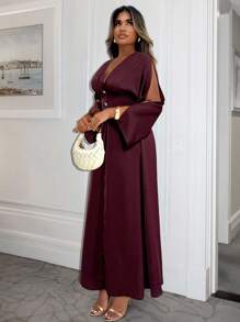 Xyvia Đầm suông tay loe thắt eo màu trơn thanh lịch dành cho nữ - Màu Đỏ Sâu - Xem 3