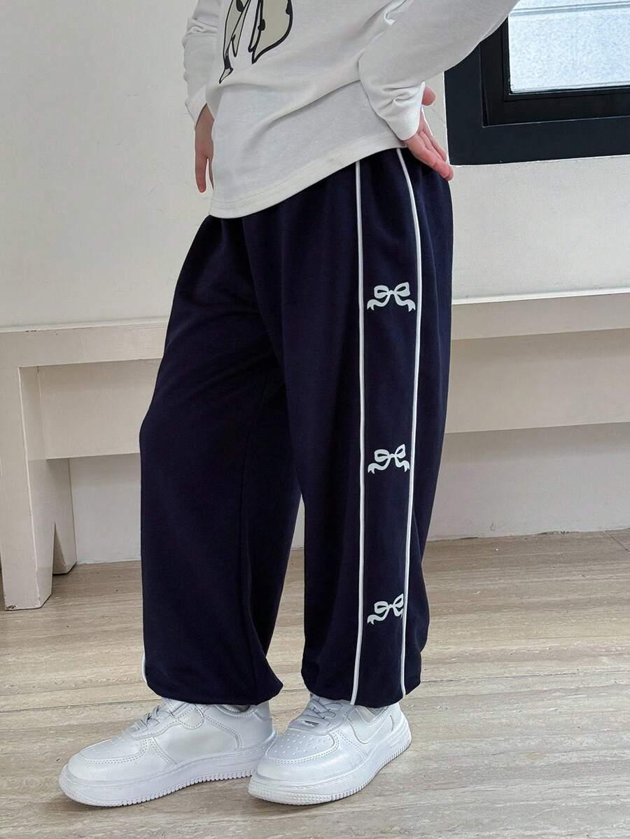 SHEIN 少女休闲蝴蝶结下摆裤 - 藍白色 - 查看 1