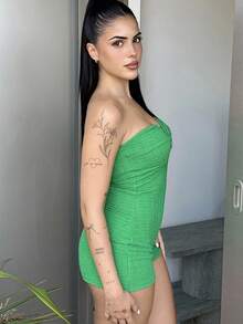 Lucia Bellido 女士纯色扭纹前开襟连体裤，休闲日常穿着 - 綠色 - 查看 4
