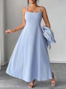Elenzga Plus Size Women's Elegant Woven Tie-Waist Mid-Sleeve Collared Shirt & Striped Maxi Dress 2 Pieces Set - Blue and White - View 2