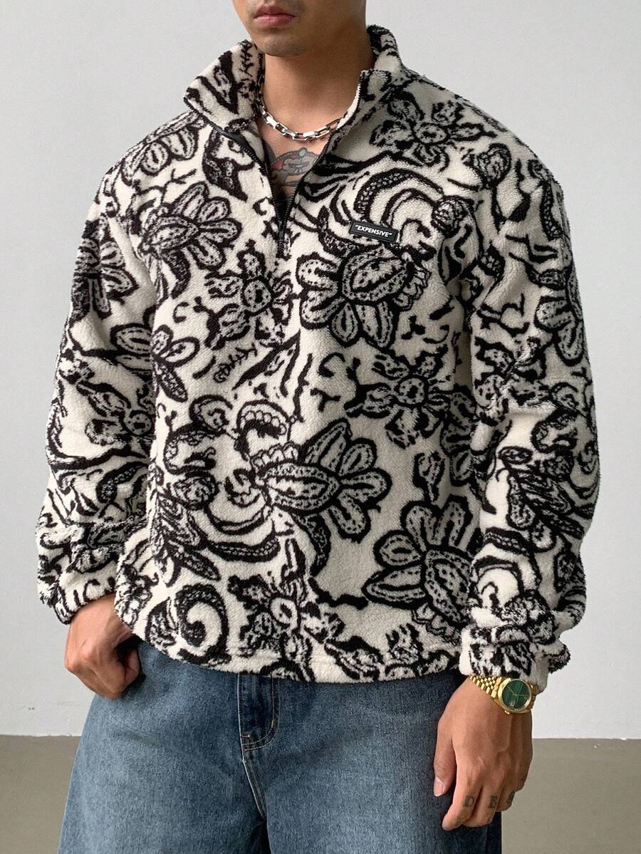 DAZY 男士保暖内衬花卉图案羊羔绒套头衫，带拉链，秋冬季四分之一拉链款 - 彩色 - 查看 1