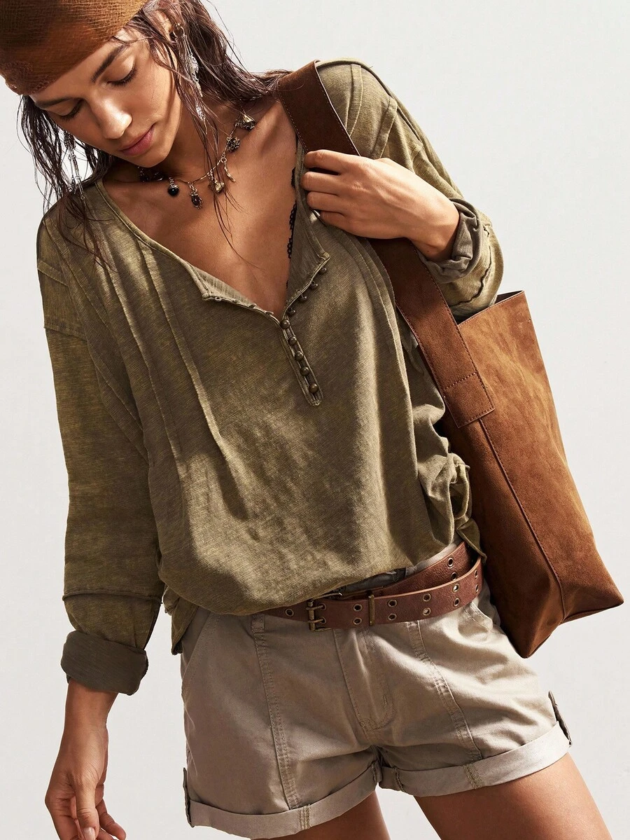 Bohemela 波西米亚风女式休闲纯色绿色圆领半扣前开宽松长袖水洗宽松 T 恤，适合女士农夫上衣，朴实上衣，复古西部乡村风格音乐会度假、外出、返校，适合秋冬季 - 橄欖綠 - 查看 1