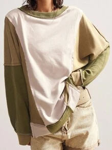 Bohemela Casual Knit Patchwork Round Neck Long Sleeve Loose Washed Women Sweatshirt Oversized Sweatshirt Oversized Sweatshirts For Women In Fall/Winter - Multicolor - View 2