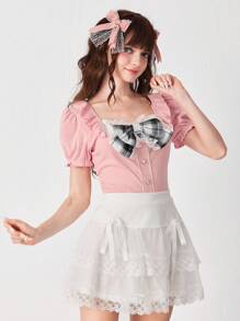 ROMWE EDITION 女式可爱学院风二合一蕾丝拼布格子蝴蝶结装饰紧身T恤 - 粉色 - 查看 7