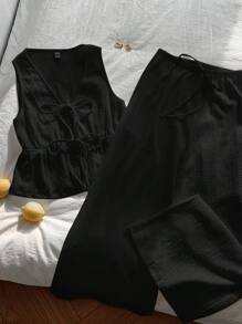 Comfortcana 女士纯黑色针织两件套休闲 V 领上衣和裤子 2 件套休闲套装女士 - 黑色 - 查看 4