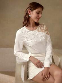 MOTF PREMIUM 女式贴花网眼长袖衬衫 - 白色 - 查看 6