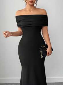 Elenzga فستان كاجوال للسيدات بحجم كبير بلون أحادي مكشوف الكتف / فستان صيفي مثير وأنيق بياقة مكشوفة الكتف مناسب وضيق - الأسود - مشاهدة 7