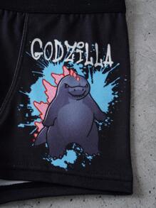 GODZILLAxKONG X SHEIN 4pcs Tween Boy Black & White Cartoon Letter Print Comfortable Trunks,Basic Comfortable Casual ,Soft,Cute - Black - View 4