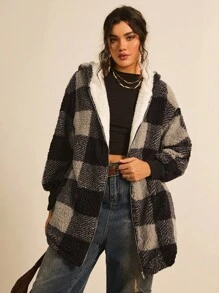 Freevana Plus Buffalo Plaid Pattern Drop Shoulder Hooded Teddy Coat Winter Fall Autumn - Black and White - View 5