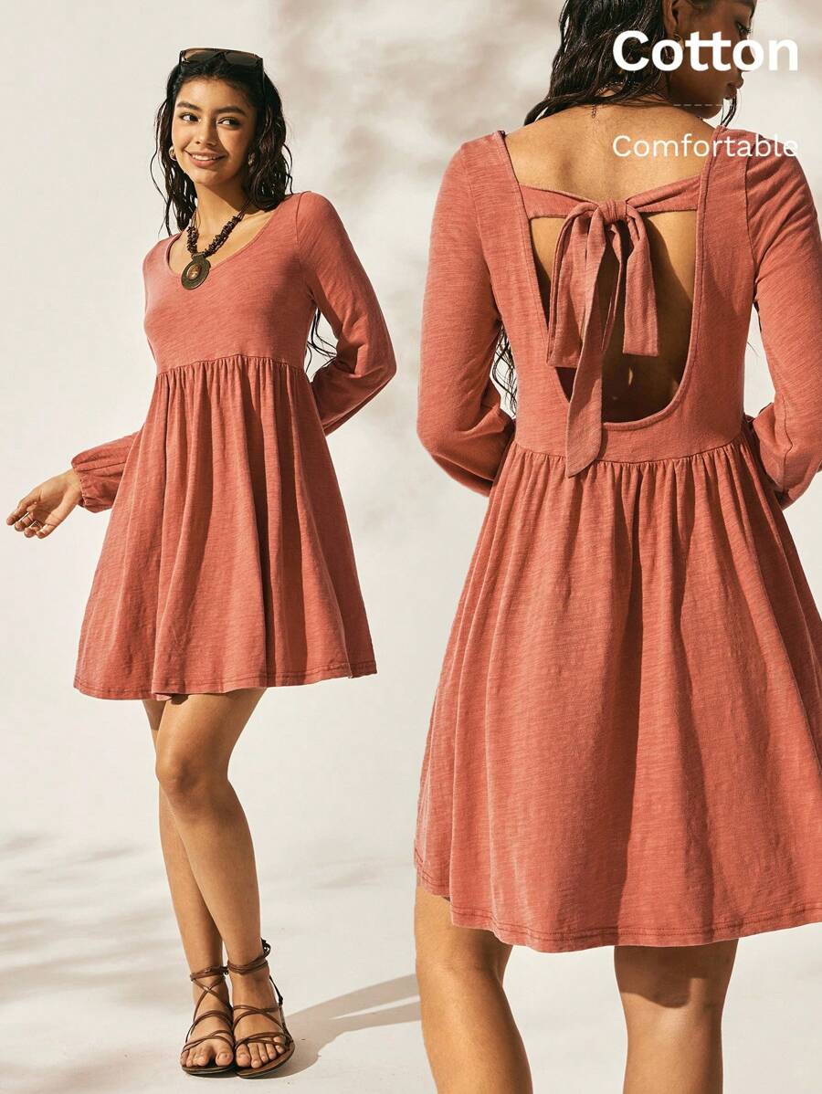 Easelle Damen Western Boho Rundhals Laternenärmel Rücken Twist Casual Ziegelrot Gestrickte Baumwolle Nackter Rücken Träger Kleid Herbst Damen Kleidung