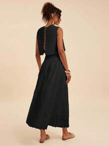 Travachic 两件套女士纯色梭织无袖露脐宽松吊带背心和高腰半身裙，秋冬春夏皆宜，美丽连衣裙，露脐上衣和半身裙套装，休闲女装风格，秋季女装，时尚秋季，外出装，优雅套装，婚礼宾客礼服，婚礼宾客套装 - 黑色 - 查看 2