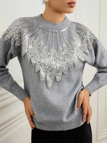 Zanirela Elegant Feather Embellished Beaded Pullover Sweater, Sophisticated Design, Chic & Graceful - Grey - View 6
