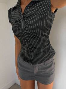 Siren Gaze 女士休闲通勤条纹修身衬衫，夏季商务休闲女衬衫修身衬衫办公室衬衫细条纹衬衫女上衣 - 深灰色 - 查看 6