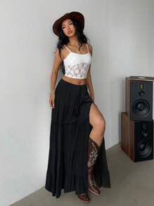 Siren Gaze Váy đi biển Boho 2025 dành cho nữ - Váy maxi xếp tầng vải lanh pha xẻ tà cao, cạp chun và viền ren, trang phục thiết yếu cho lễ hội âm nhạc và kỳ nghỉ | Váy chữ A mùa hè, mùa hè dành cho nữ, phụ nữ đi nghỉ, bãi biển - màu đen - Xem 3