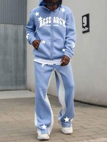 PAVTROS Bộ đồ nam Manfinity Streetrush 2 món áo hoodie và quần nỉ có lót nhiệt in chữ và ngôi sao, trang phục dạo phố thường ngày ấm áp cho mùa thu và mùa đông, hoàn hảo cho sinh viên, trang phục hàng ngày và quà tặng cho bạn trai, bộ đồ nam màu xanh nhạt bộ đồ thể thao nam bộ đồ chạy bộ nam bộ đồ dạo phố nam bộ đồ 2 món màu xanh - Nhiều màu - Xem 1