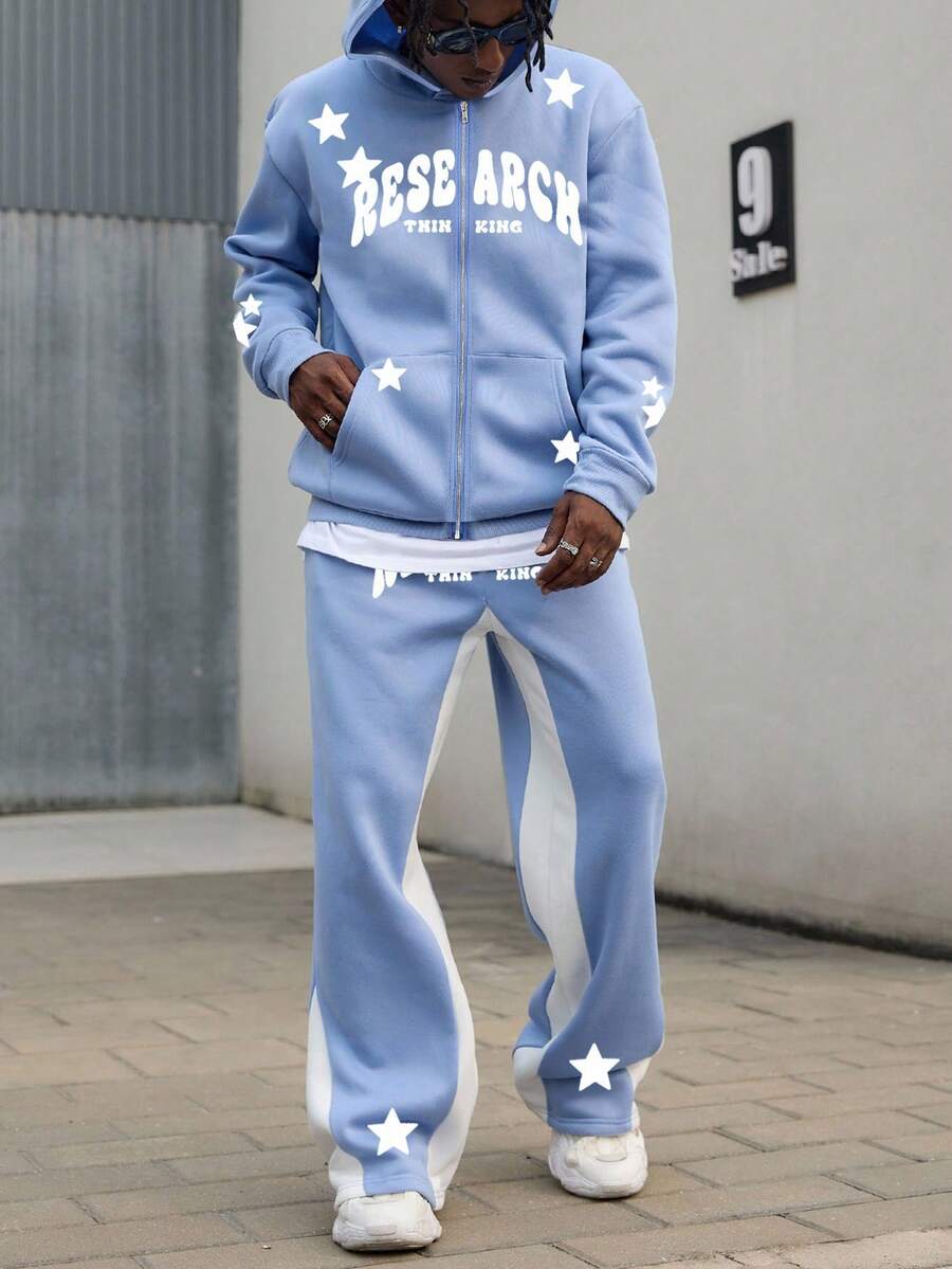 PAVTROS Bộ đồ nam Manfinity Streetrush 2 món áo hoodie và quần nỉ có lót nhiệt in chữ và ngôi sao, trang phục dạo phố thường ngày ấm áp cho mùa thu và mùa đông, hoàn hảo cho sinh viên, trang phục hàng ngày và quà tặng cho bạn trai, bộ đồ nam màu xanh nhạt bộ đồ thể thao nam bộ đồ chạy bộ nam bộ đồ dạo phố nam bộ đồ 2 món màu xanh - Nhiều màu - Xem 1