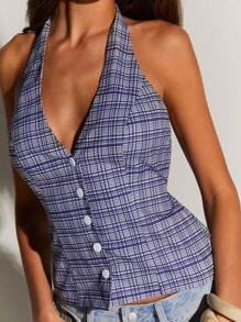 Athîral 女士时尚格子印花露背吊带上衣，适合返校、乡村音乐会和外出穿着 - 藍色 - 查看 4